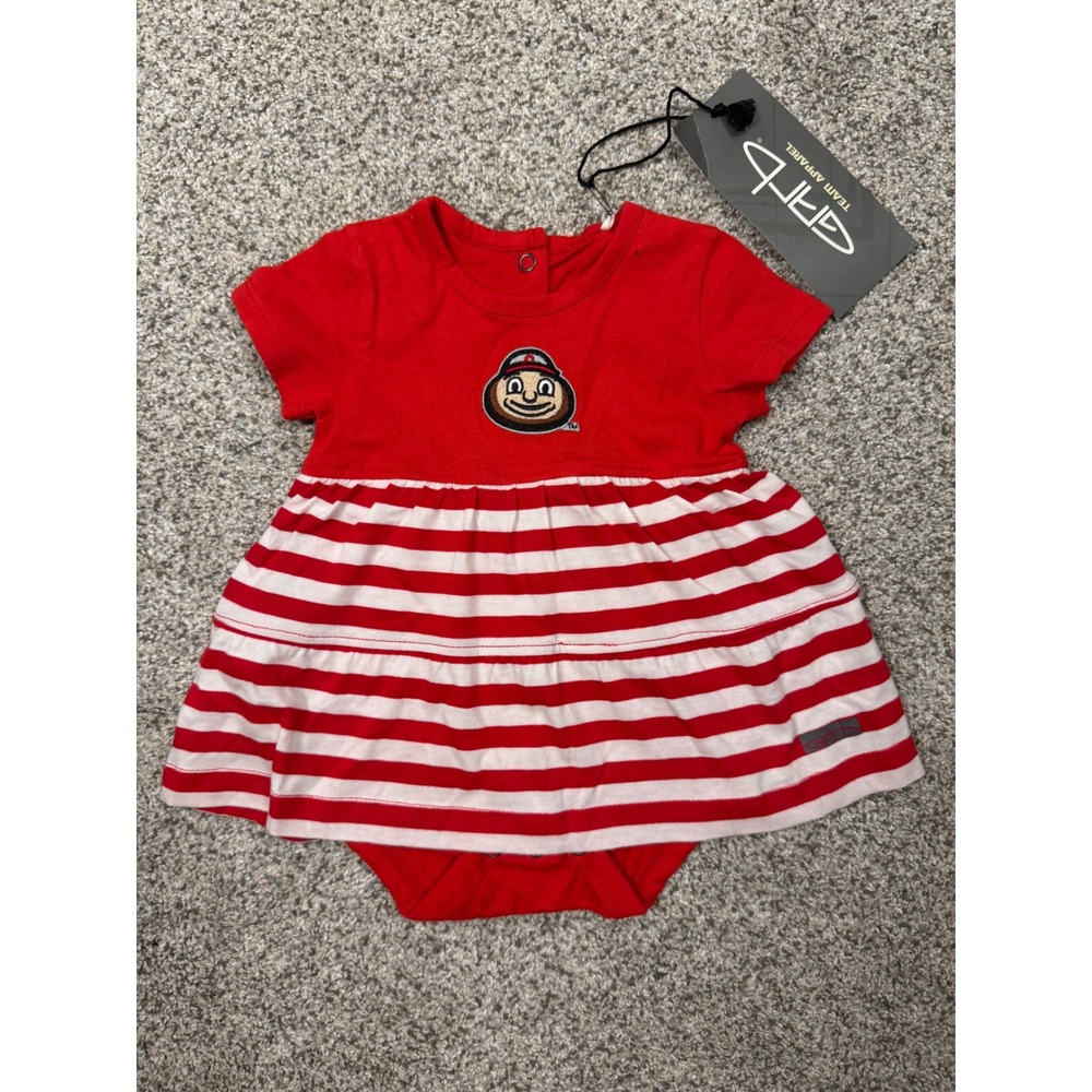 Ohio State Buckeyes 3M Red White Stripe Brutus Buckeye Garb Baby Dress Bodysuit